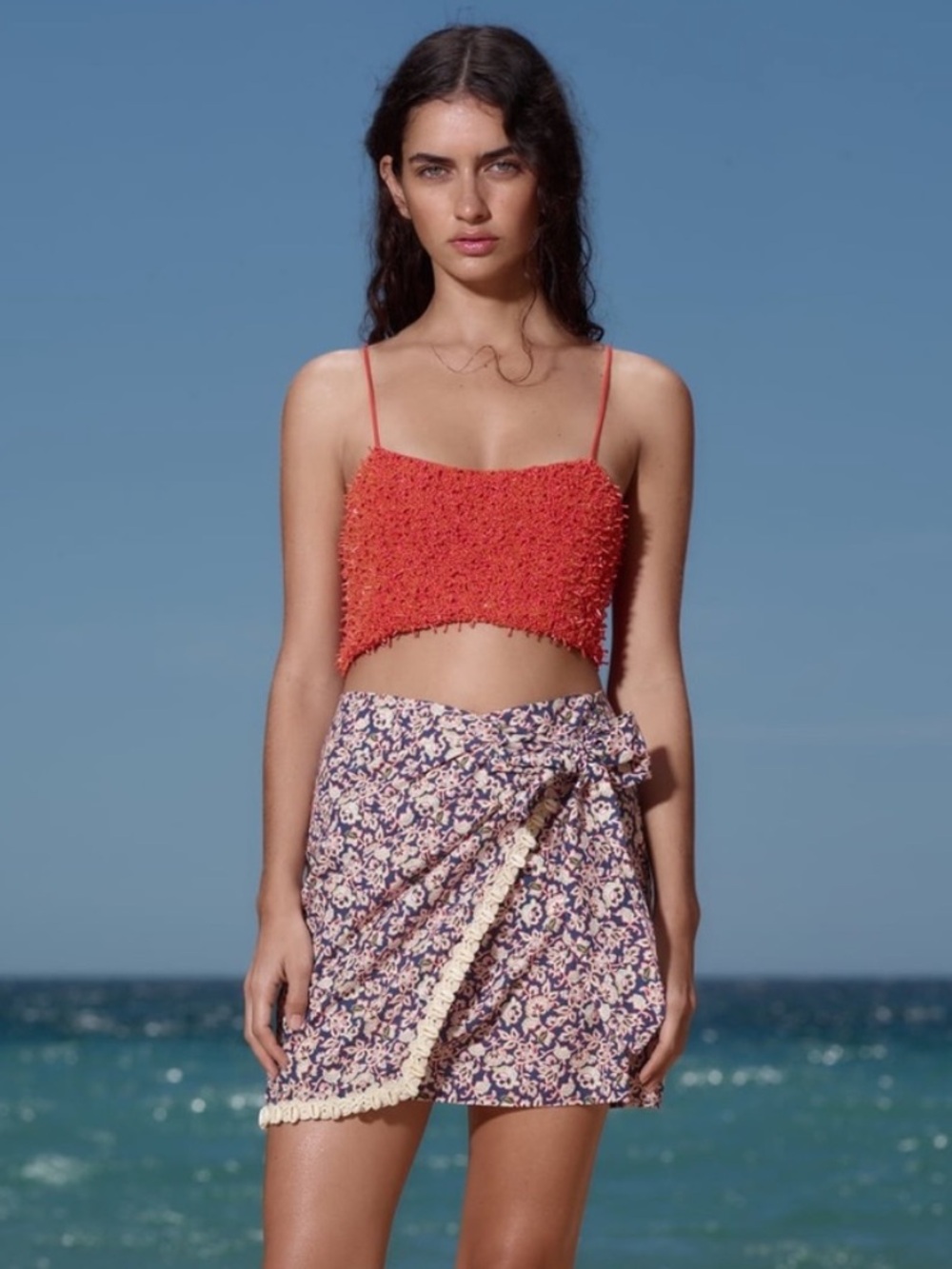 Zara Floral Wrap Mini Skirt with Cream Lace - Blue/Pink Floral sea shell details